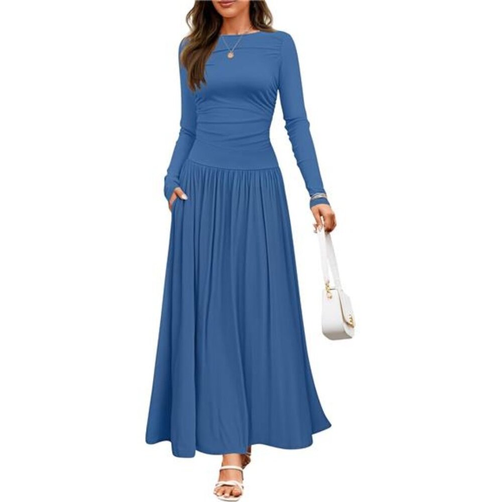 Women's Long Sleeve Spring Maxi Dress 2025 Crewneck Knit Casual Slim, Navy